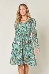 Double Take Full Size Printed Drawstring Waist Long Sleeve Dress Turquoise / S