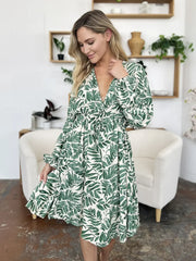Double Take Full Size Printed Ruched Balloon Sleeve Dress