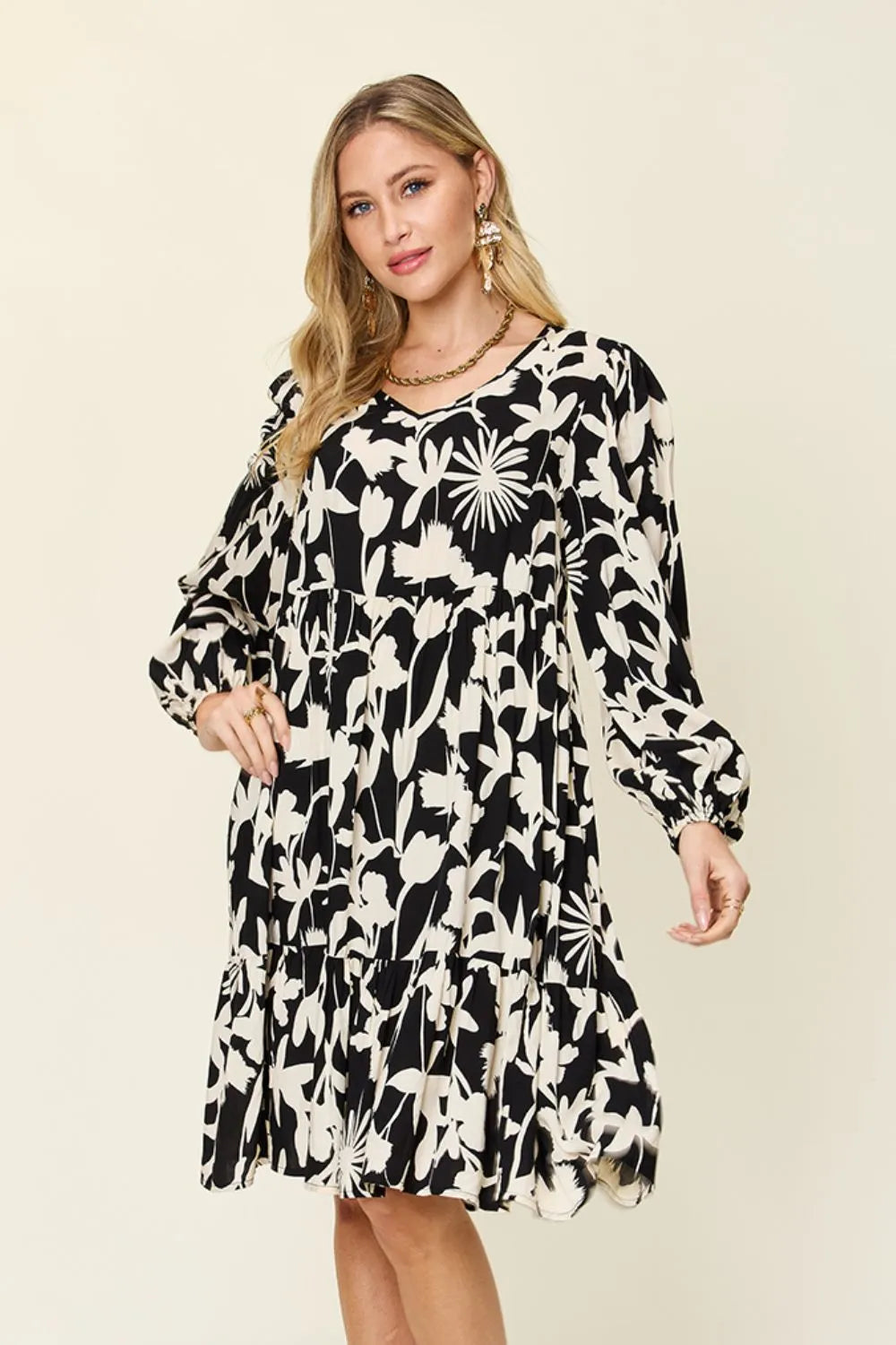 Double Take Full Size Printed Ruffle Hem Dress with Pocket Black / S