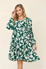 Double Take Full Size Printed Ruffle Hem Dress with Pocket Dark Green / S