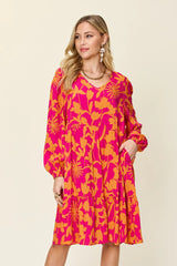 Double Take Full Size Printed Ruffle Hem Dress with Pocket Hot Pink / S