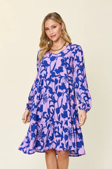 Double Take Full Size Printed Ruffle Hem Dress with Pocket Lavender / S