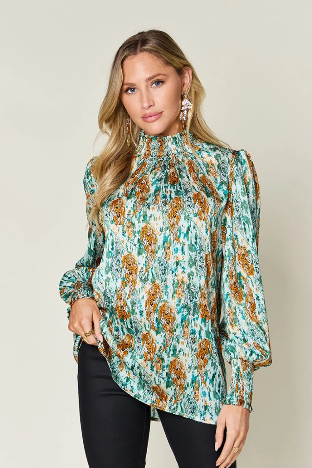 Double Take Full Size Printed Smocked Long Sleeve Blouse Green / S