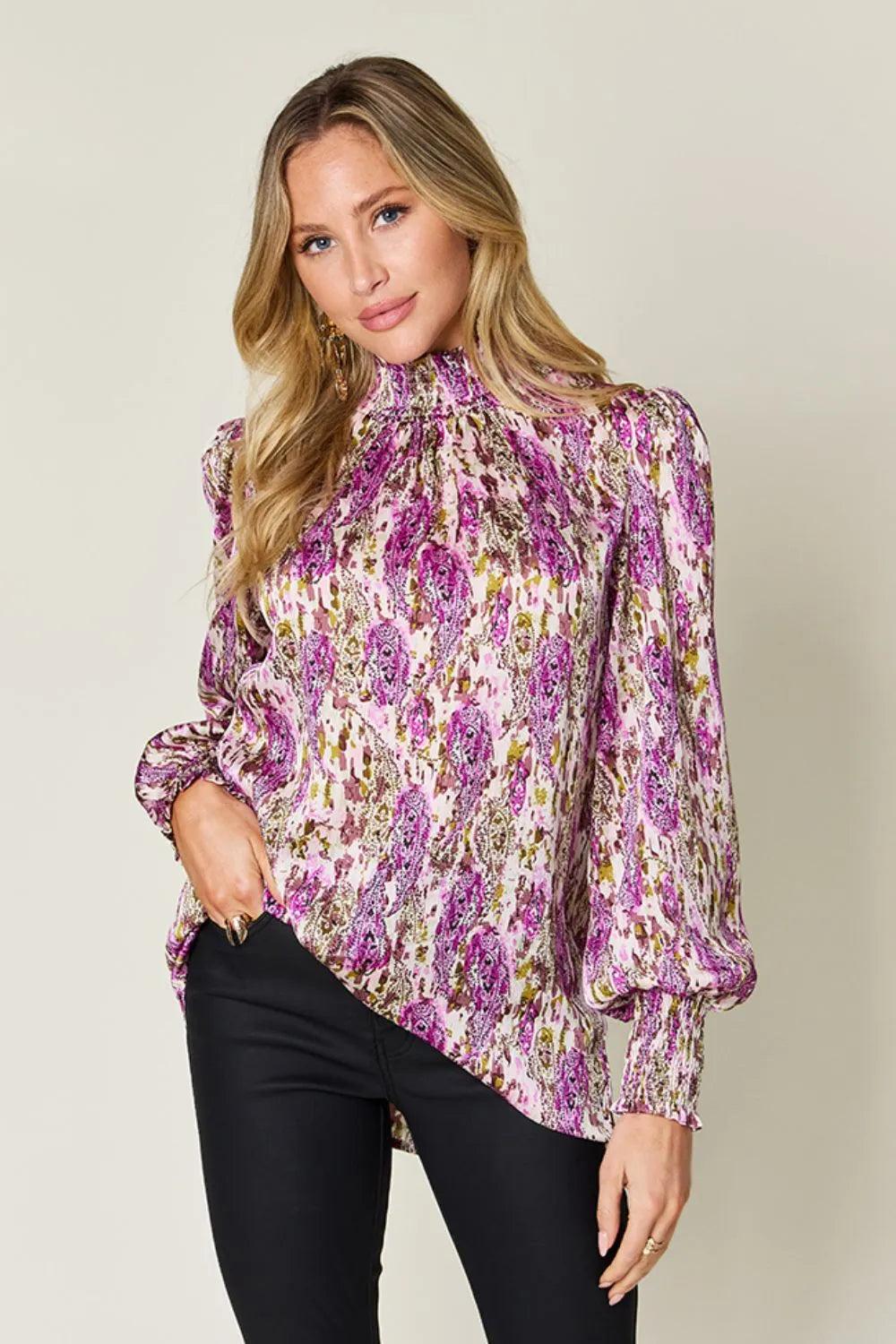Double Take Full Size Printed Smocked Long Sleeve Blouse Red-Violet / S