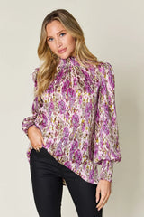 Double Take Full Size Printed Smocked Long Sleeve Blouse Red-Violet / S
