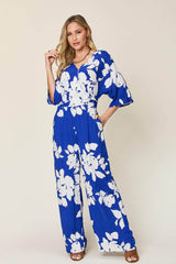 Double Take Full Size Printed Tie Back Wide Leg Jumpsuit Royal Blue / S