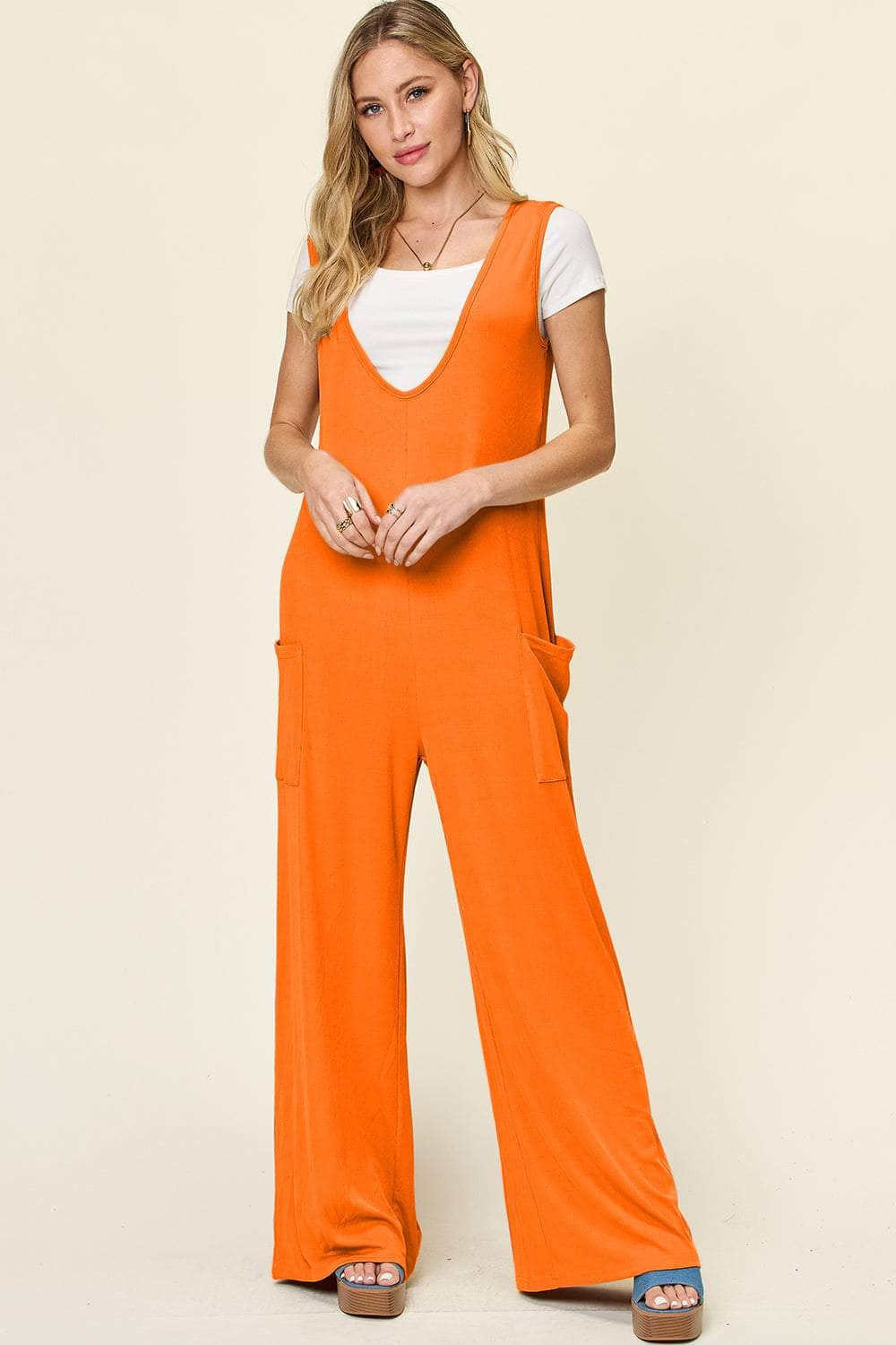 Double Take Full Size Sleeveless Wide Leg Jumpsuit with Pockets Tangerine / S