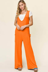 Double Take Full Size Sleeveless Wide Leg Jumpsuit with Pockets Tangerine / S