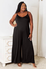 Double Take Full Size Soft Rayon Spaghetti Strap Tied Wide Leg Jumpsuit Black / S