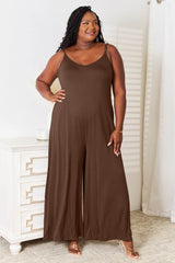 Double Take Full Size Soft Rayon Spaghetti Strap Tied Wide Leg Jumpsuit Mocha / S