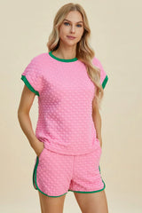 Double Take Full Size Texture Contrast T-Shirt and Shorts Set Pink / S