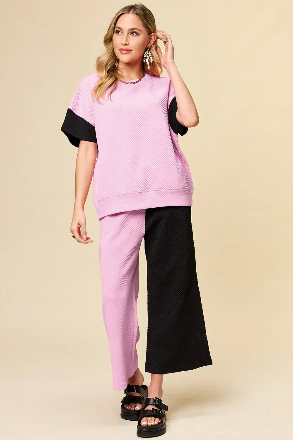 Double Take Full Size Texture Contrast T-Shirt and Wide Leg Pants Set Pink / S