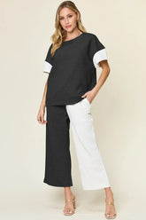 Double Take Full Size Texture Contrast T-Shirt and Wide Leg Pants Set White / S