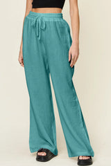 Double Take Full Size Texture Drawstring Wide Leg Pants Cerulean / S