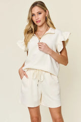 Double Take Full Size Texture Flounce Sleeve Top and Drawstring Shorts Set Cream / S