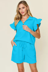 Double Take Full Size Texture Flounce Sleeve Top and Drawstring Shorts Set Sky Blue / S