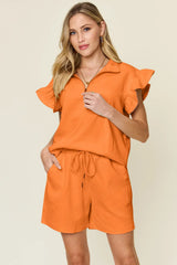 Double Take Full Size Texture Flounce Sleeve Top and Drawstring Shorts Set Tangerine / S