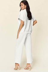 Double Take Full Size Texture Half Zip Short Sleeve Top and Pants Set