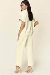 Double Take Full Size Texture Half Zip Short Sleeve Top and Pants Set