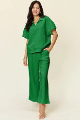 Double Take Full Size Texture Half Zip Short Sleeve Top and Pants Set Green / S