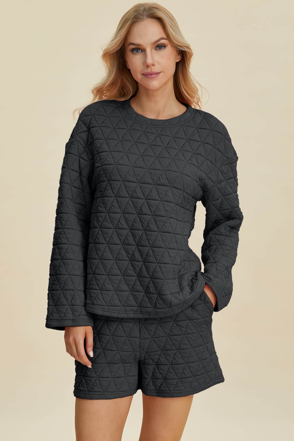 Double Take Full Size Texture Round Neck Long Sleeve Top and Shorts Set Black / S