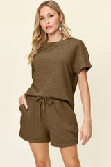 Double Take Full Size Texture Short Sleeve T-Shirt and Drawstring Shorts Set Chestnut / S