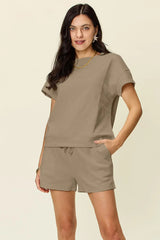 Double Take Full Size Texture Short Sleeve T-Shirt and Drawstring Shorts Set Mocha / S
