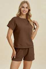Double Take Full Size Texture Short Sleeve Top and Shorts Set Brown / S