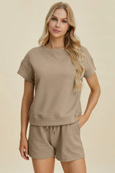 Double Take Full Size Texture Short Sleeve Top and Shorts Set Khaki / S