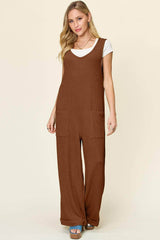 Double Take Full Size Texture Sleeveless Wide Leg Jumpsuit Caramel / S
