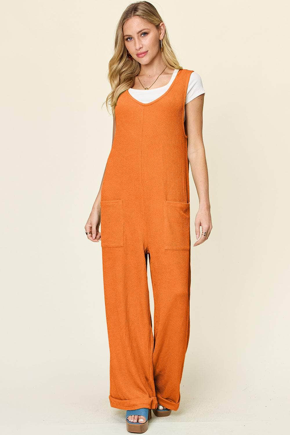 Double Take Full Size Texture Sleeveless Wide Leg Jumpsuit Tangerine / S