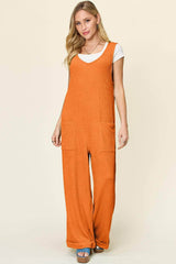Double Take Full Size Texture Sleeveless Wide Leg Jumpsuit Tangerine / S