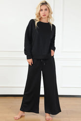 Double Take Full Size Textured Long Sleeve Top and Drawstring Pants Set Black / S