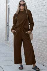 Double Take Full Size Textured Long Sleeve Top and Drawstring Pants Set Brown / S