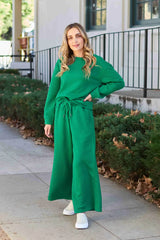 Double Take Full Size Textured Long Sleeve Top and Drawstring Pants Set Green / S