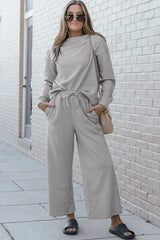Double Take Full Size Textured Long Sleeve Top and Drawstring Pants Set Light Gray / S