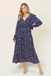 Double Take Full Size Tie Back Flounce Sleeve Dress Navy / S