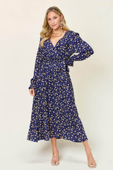 Double Take Full Size Tie Back Flounce Sleeve Dress Navy / S