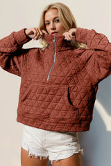 Double Take Half Zip Long Sleeve Quilted Sweatshirt with Pocket Caramel / S