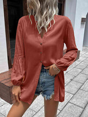 Double Take Notched Neck Balloon Sleeve Shirt Brick Red / S