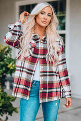 Double Take Plaid Button Front Shirt Jacket with Breast Pockets Red / S