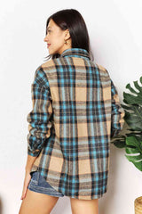 Double Take Plaid Curved Hem Shirt Jacket with Breast Pockets