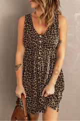 Double Take Printed Scoop Neck Sleeveless Buttoned Magic Dress with Pockets Leopard / S