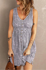 Double Take Printed Scoop Neck Sleeveless Buttoned Magic Dress with Pockets Light Gray / S