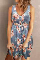 Double Take Printed Scoop Neck Sleeveless Buttoned Magic Dress with Pockets Misty Blue / S