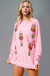 Double Take Sequin Nutcracker Round Neck Long Sleeve Sweatshirt Pink / S