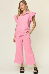 Double Take Texture Ruffle Short Sleeve Top and Drawstring Wide Leg Pants Set Pink / S