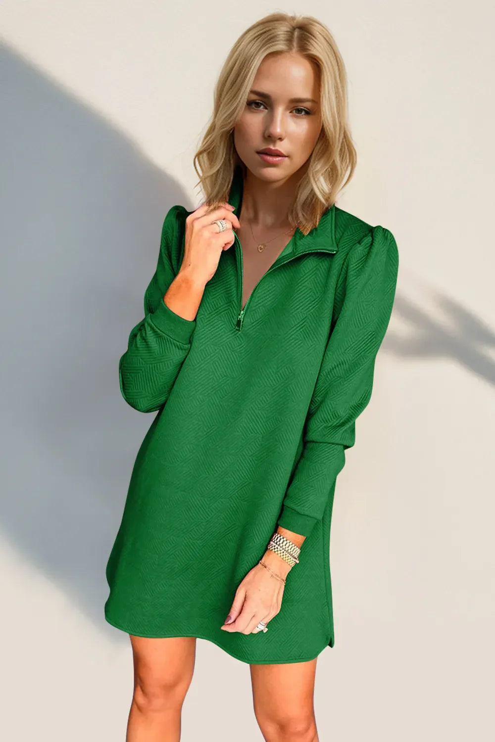 Double Take Textured Quarter Zip Long Sleeve Dress Green / S