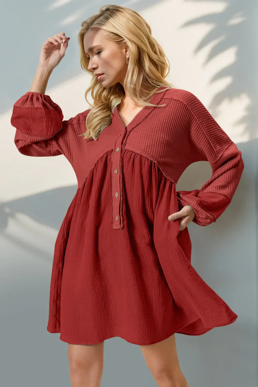 Double Take Waffle-Knit Contrast Half Button V-Neck Long Sleeve Mini Dress Red / S