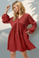 Double Take Waffle-Knit Contrast Half Button V-Neck Long Sleeve Mini Dress Red / S